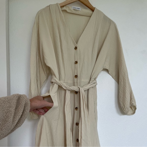 Calvin Klein Button Down Shirt Dress Womens 6 Medium Textured Belt Tie Waist - Picture 8 of 11